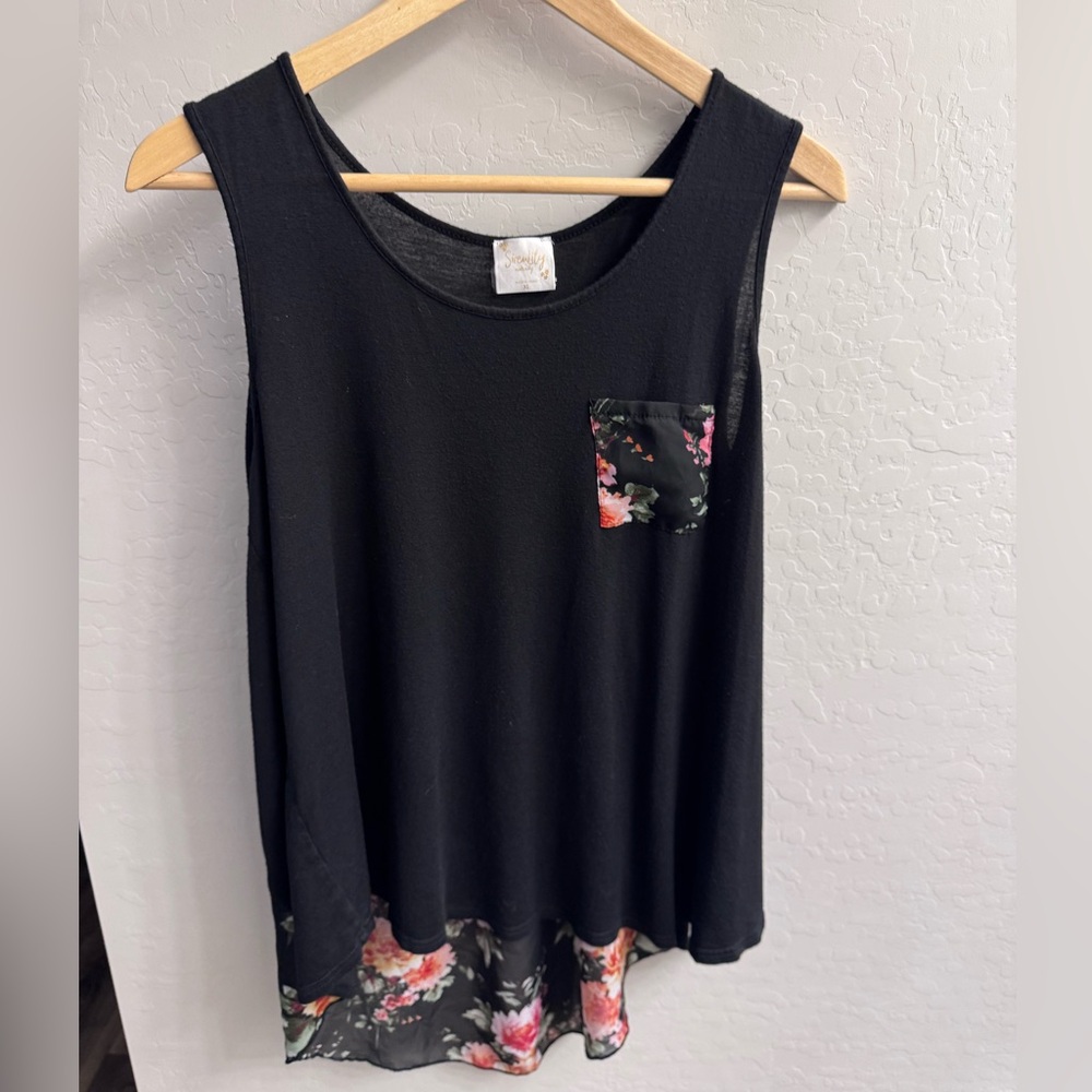 SirenLily Black Sleeveless Top with Floral Accents